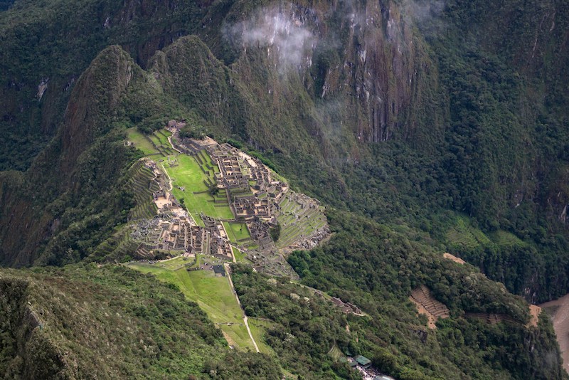 An aerial view of Machu Picchu from Machu Picchu mountain.