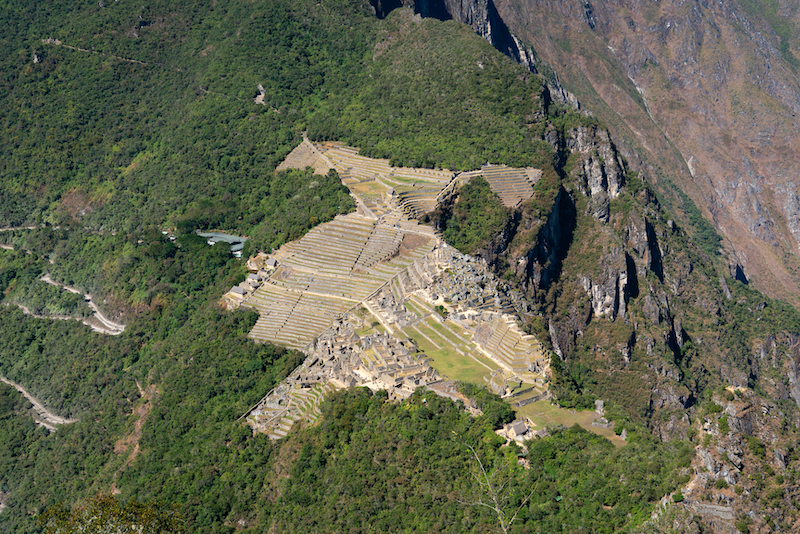 The view of Machu Picchu from atop Huayna Picchu mountain.